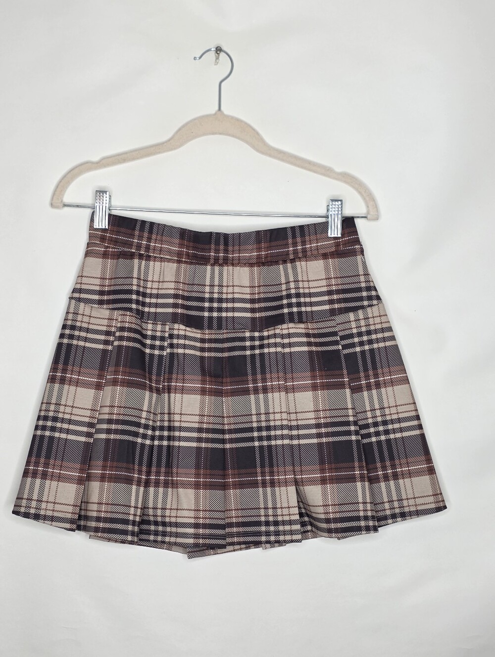 Pleated Plaid Mini Skirt M Brown and Tan Academia Preppy Stretch Waist NEW Bratz